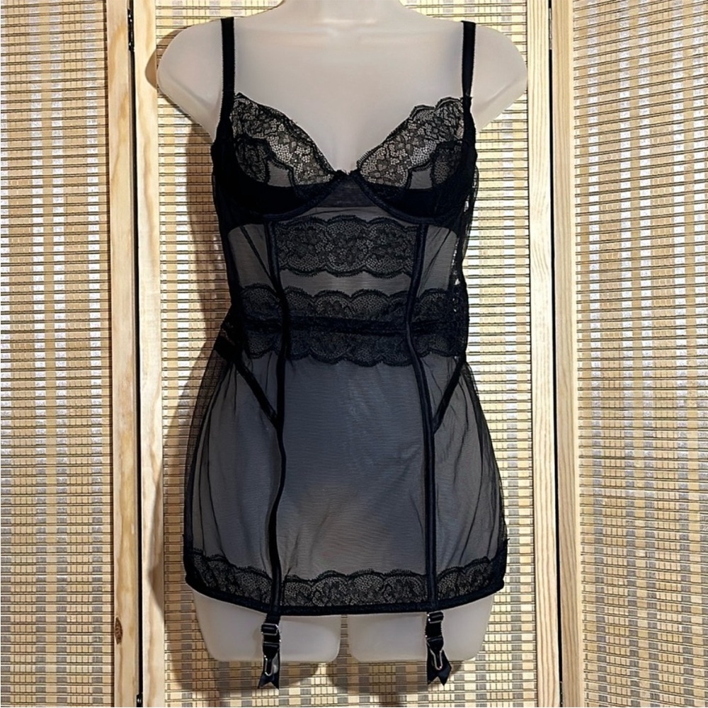 Victoria's Secret Sexy Sheer Black Lace Cami Teddy Garter Hooks Underwire 36C